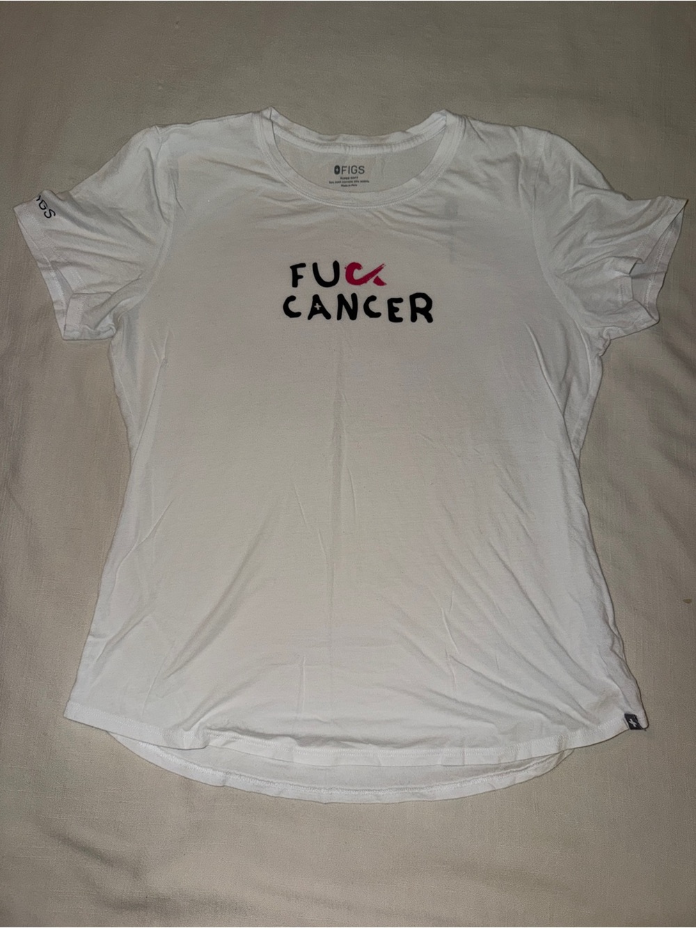 Figs White Short-Sleeve Graphic Tee with Black and Pink Lettering